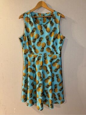 Smashed Lemon Pineapple Print Dress Blue Tropical Sleeveless EU XL US 12 UK 16